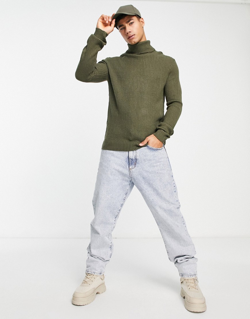 Soul Star muscle fit ribbed roll neck jumper in khaki-Green