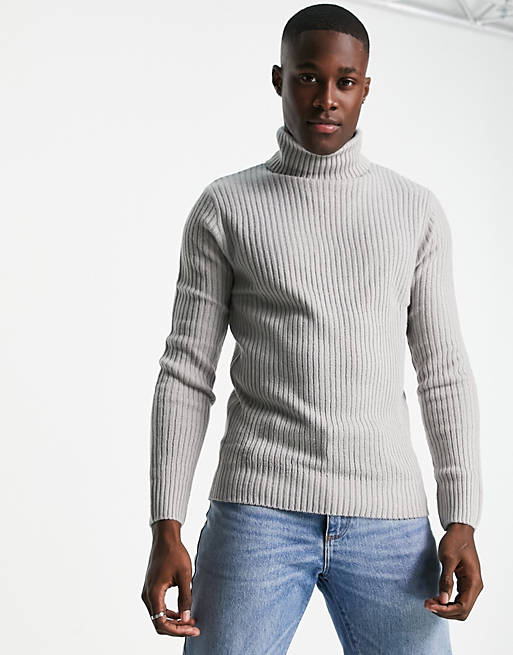 Soul Star muscle fit ribbed roll neck jumper in light grey | ASOS