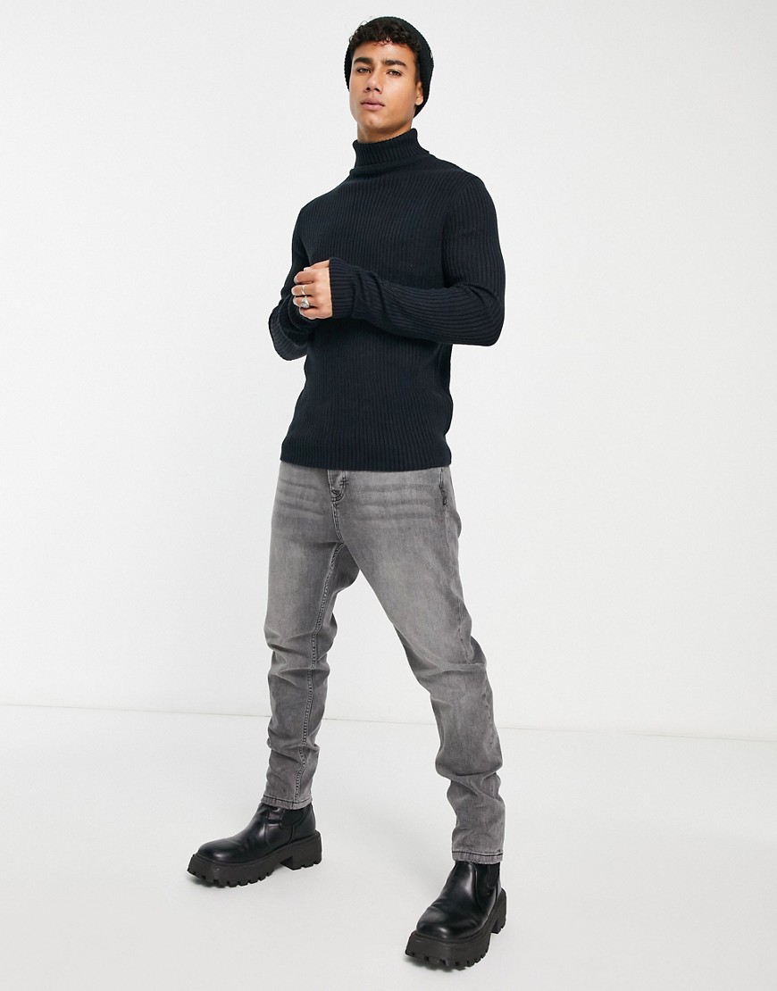 Soul Star muscle fit ribbed roll neck jumper in navy