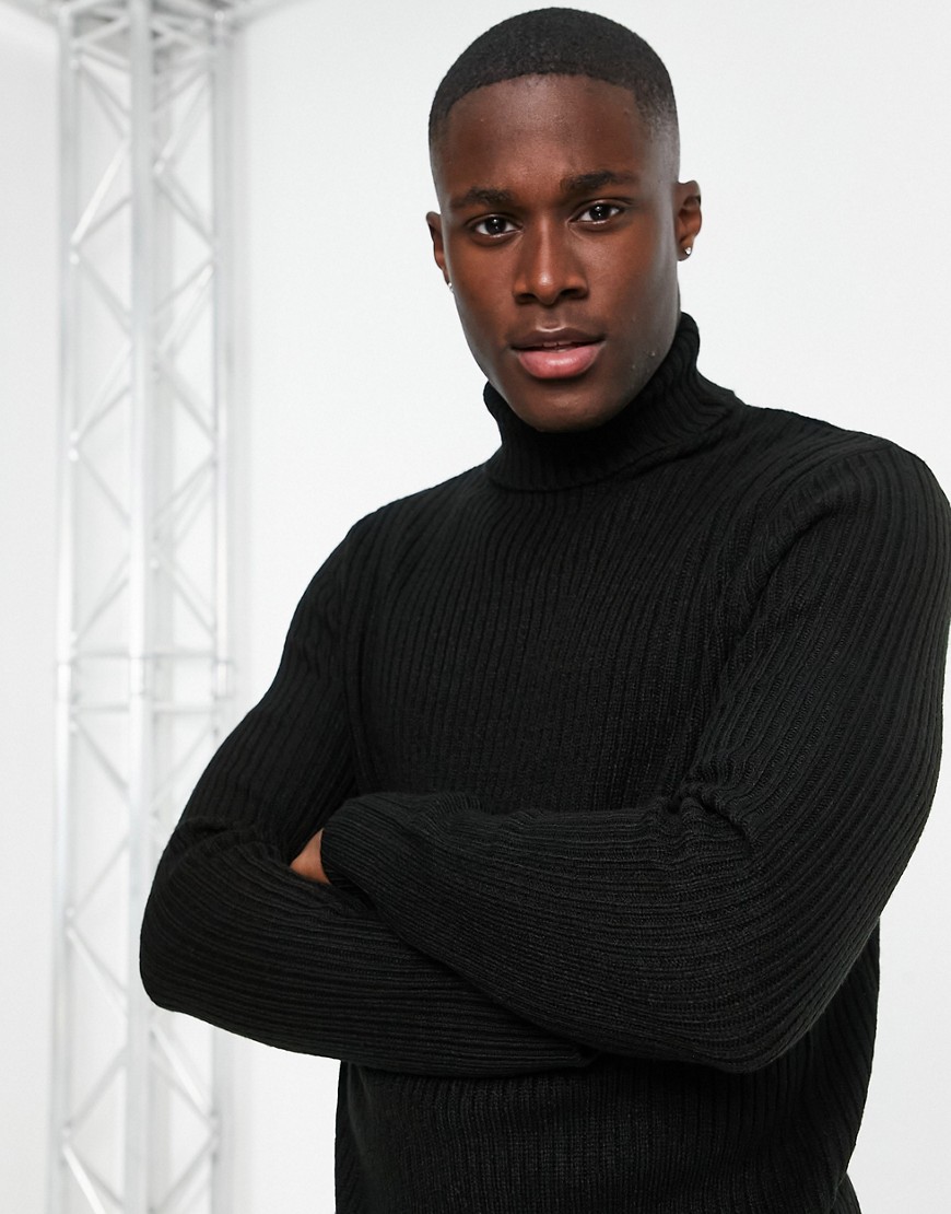 Soul Star Muscle Fit Ribbed Roll Neck Sweater In Black