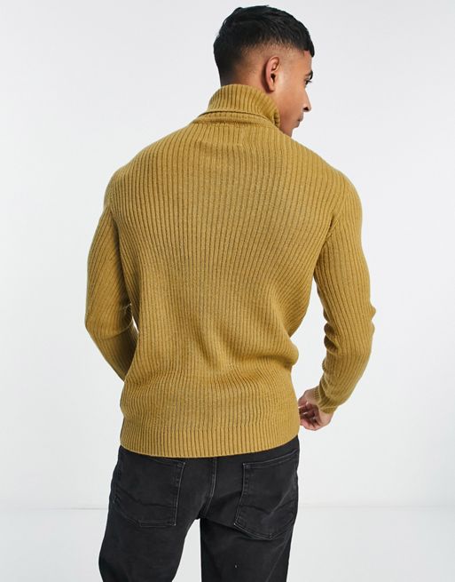 Soul Star muscle fit ribbed roll neck sweater in dark yellow