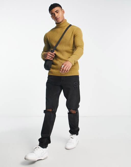 Soul Star muscle fit ribbed roll neck sweater in dark yellow