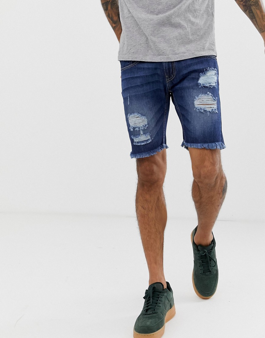 Soul Star - Pantaloncini di jeans slim con fondo grezzo-Blu