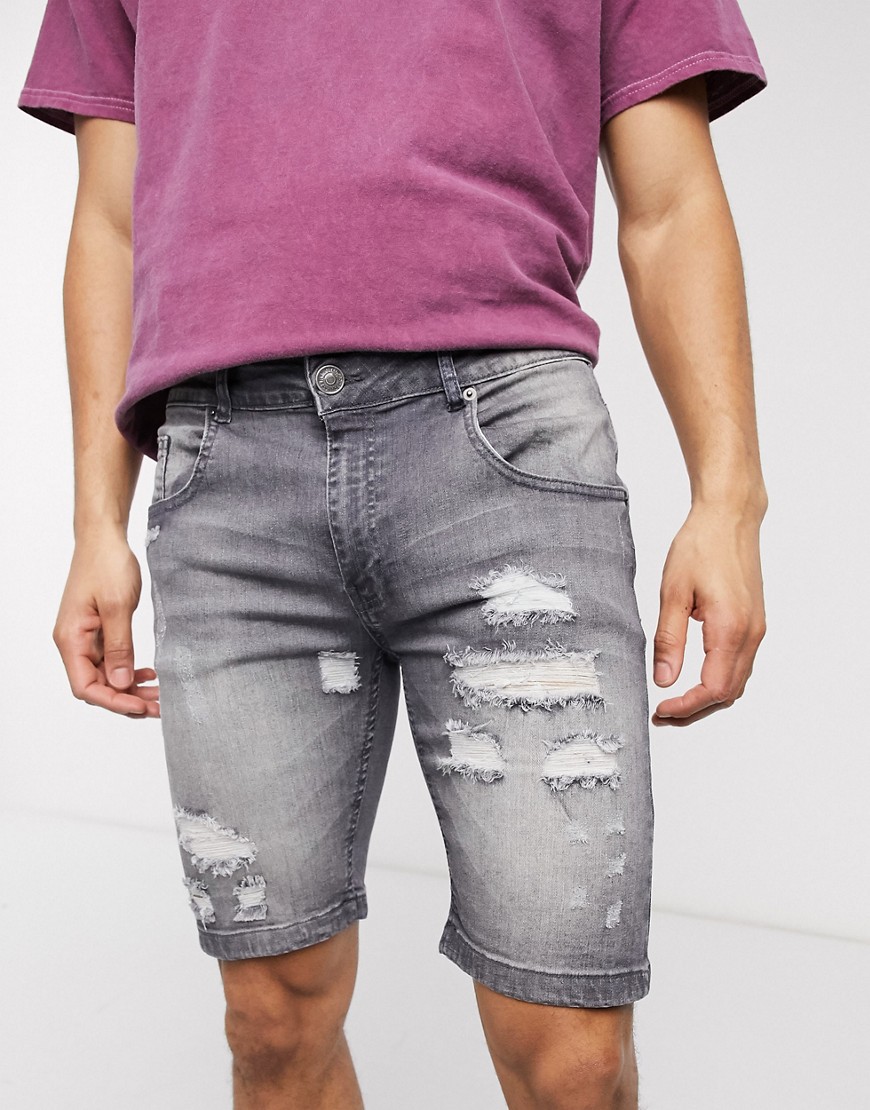 Soul Star - Pantaloncini di jeans slim lavaggio grigio con strappi