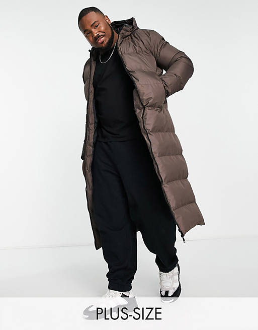 Soul Star Plus longline puffer jacket with hood in brown