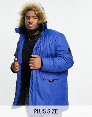 Soul Star Plus Parka Jacket With Faux Fur Hood In Blue-blues