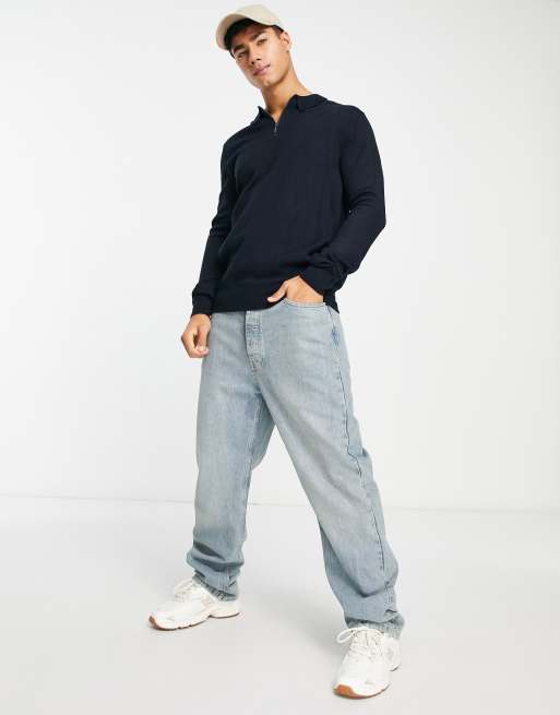 Soul Star - Polo attillata in maglia color blu navy con zip corta