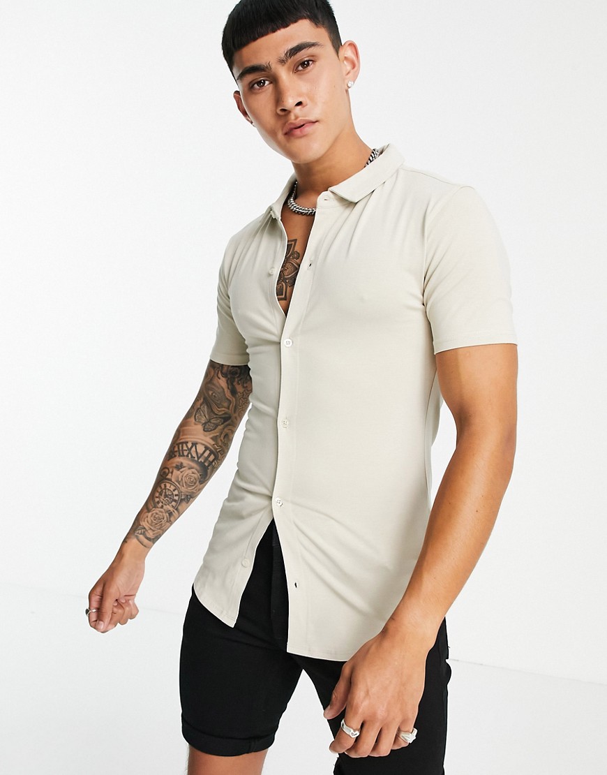 Soul Star short sleeve muscle fit jersey shirt in stone-Neutral
