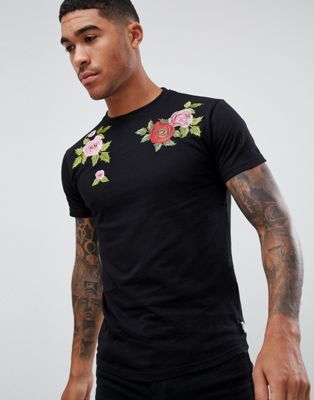 Soul Star - T-shirt met geborduurde rozen-Zwart