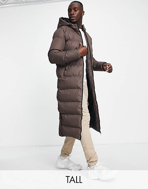 Soul Star Tall longline puffer coat with hood in brown