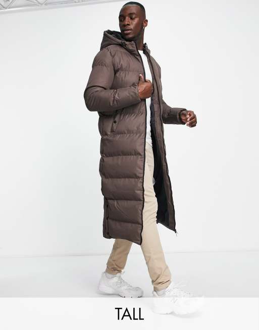 Soul Star Tall longline puffer coat with hood in brown