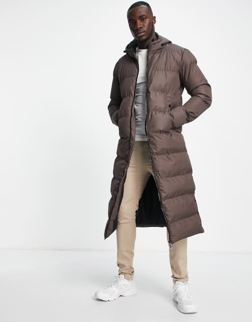 Soul Star Tall longline puffer coat with hood in brown, 2 of 4