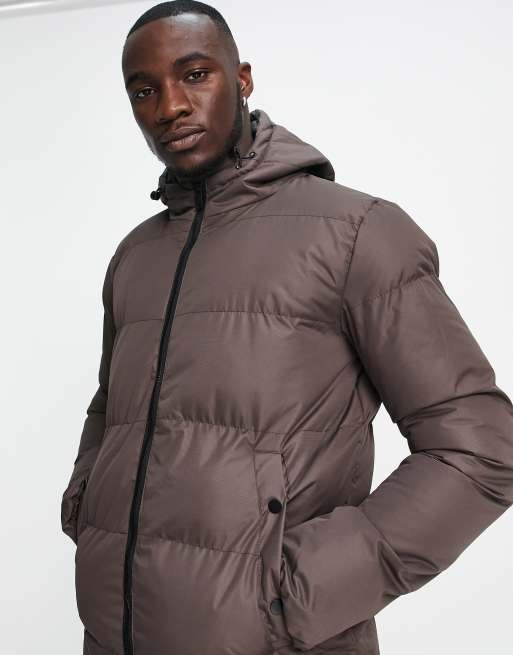 Soul Star Tall longline puffer coat with hood in brown ASOS