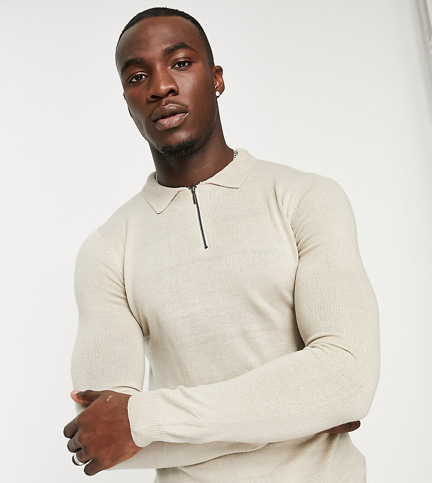 SOUL STAR TALL MUSCLE FIT QUARTER ZIP POLO IN STONE-NEUTRAL