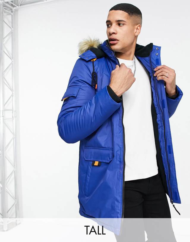 Soul Star Tall parka coat with faux fur hood in blue