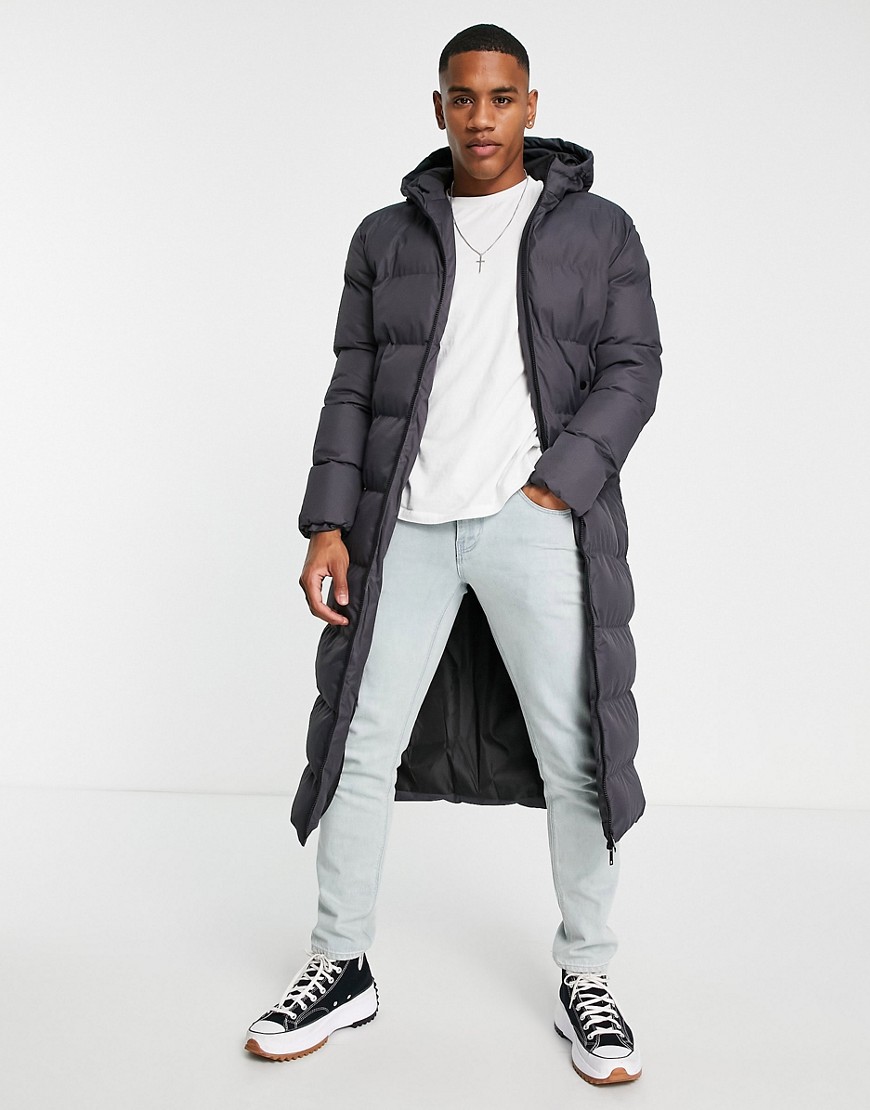 soulstar longline puffer jacket with hood in charcoal-grey
