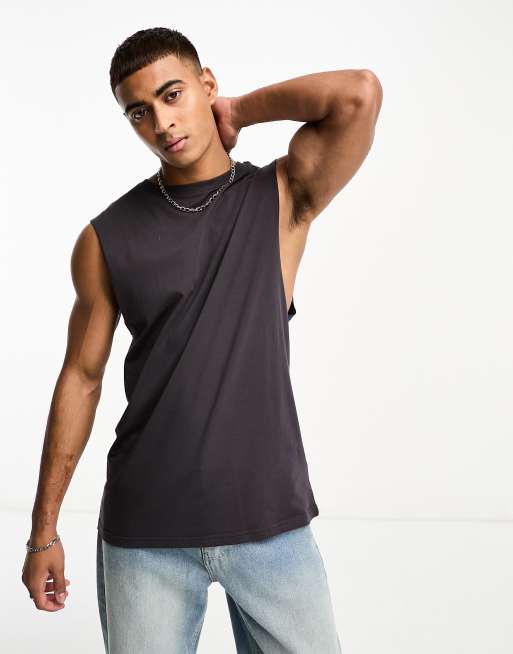 Soulstar sleeveless t-shirt vest in dark charcoal