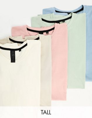 Soulstar Tall 5 pack t-shirts in blue, green, ecru, stone, pink