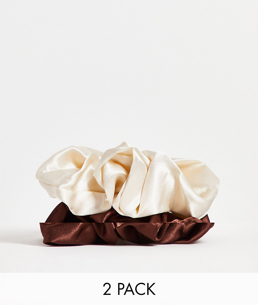 South Beach 2 pack satin scrunchies in brown and cream-Multi