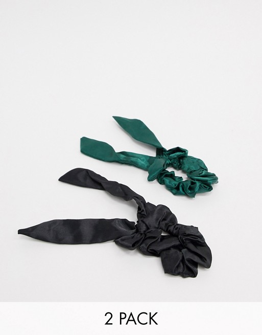 South Beach 2 pack scrunchie in emerald and black satin