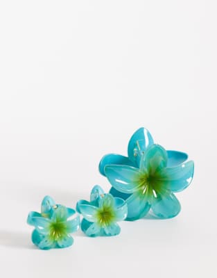 South Beach - 3er-Pack Blumen-Haarklammern in Blaugrün