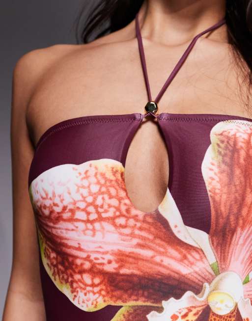 South Beach abstract floral print cutout swimsuit in burgundy, 4 of 4