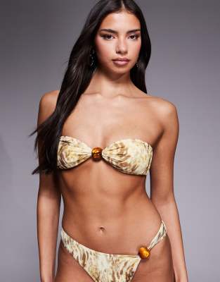 South Beach abstract print bandeau bikini top in green multi