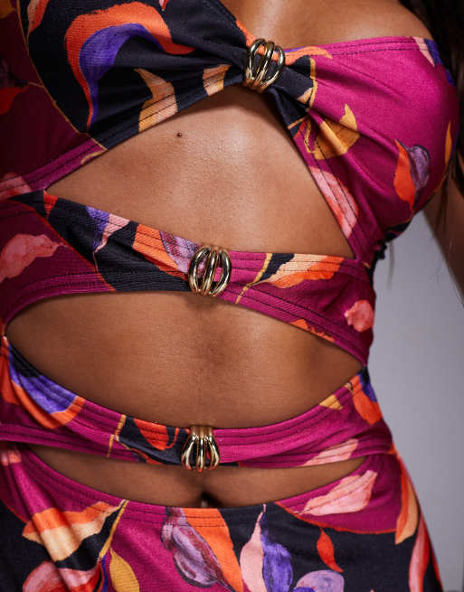 South Beach abstract print cutout swimsuit in magenta, 2 of 4