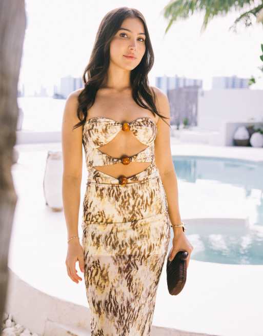 South Beach abstract print mesh maxi beach dress with cutout detail in green multi