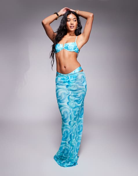 South Beach abstract print mesh maxi beach skirt in blue - view 1