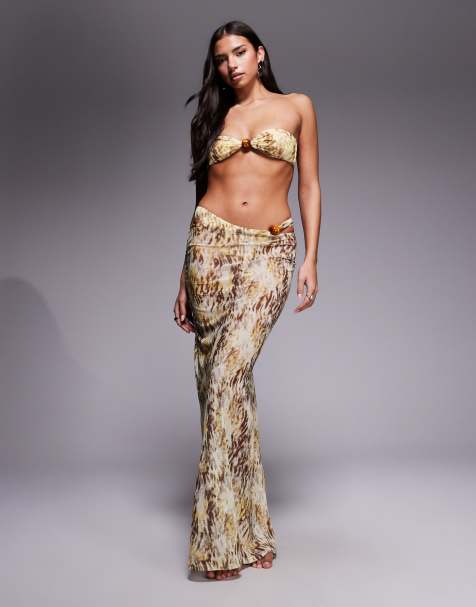 South Beach abstract print mesh maxi beach skirt in green multi