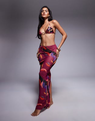 abstract print mesh maxi beach skirt in magenta-pink