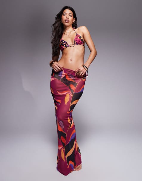 South Beach abstract print mesh maxi beach skirt in magenta - view 1
