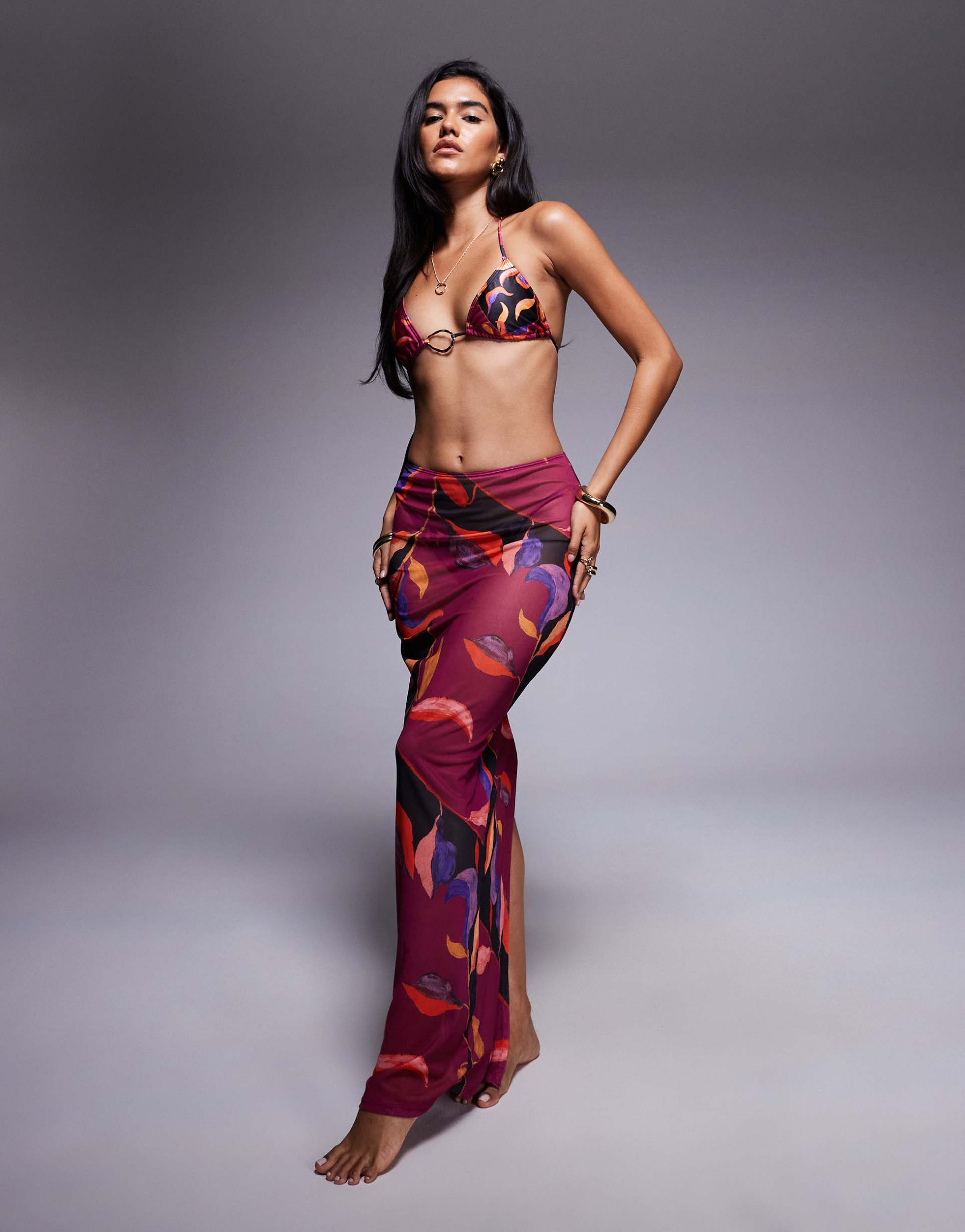 south beach abstract print mesh maxi beach skirt in magenta