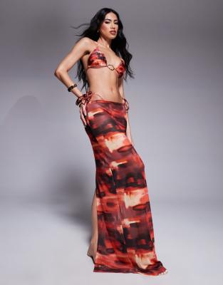 abstract print mesh maxi beach skirt in multi-Orange