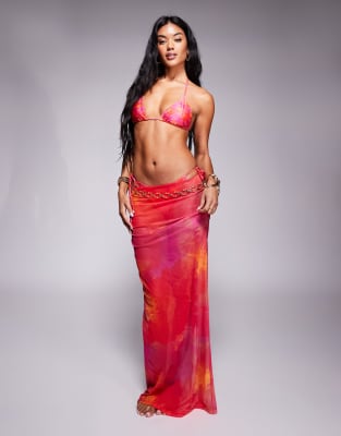 abstract print mesh maxi beach skirt in pink