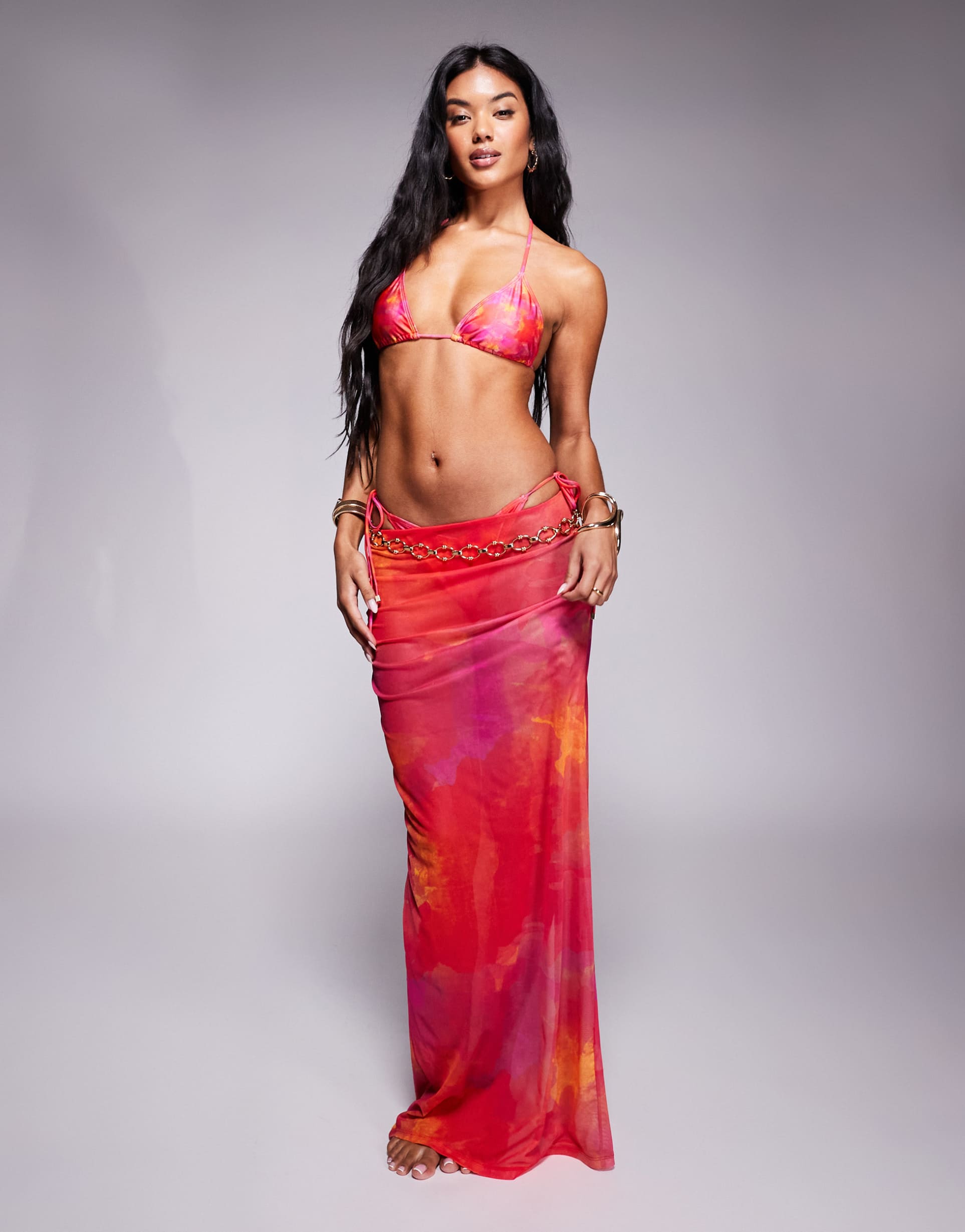 south beach abstract print mesh maxi beach skirt in pink
