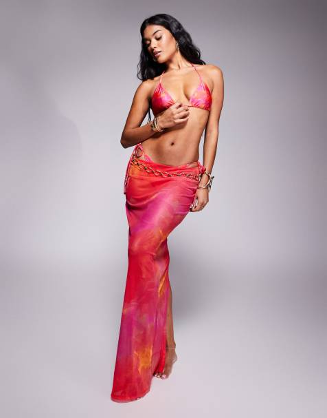 South Beach abstract print triangle bikini top in pink