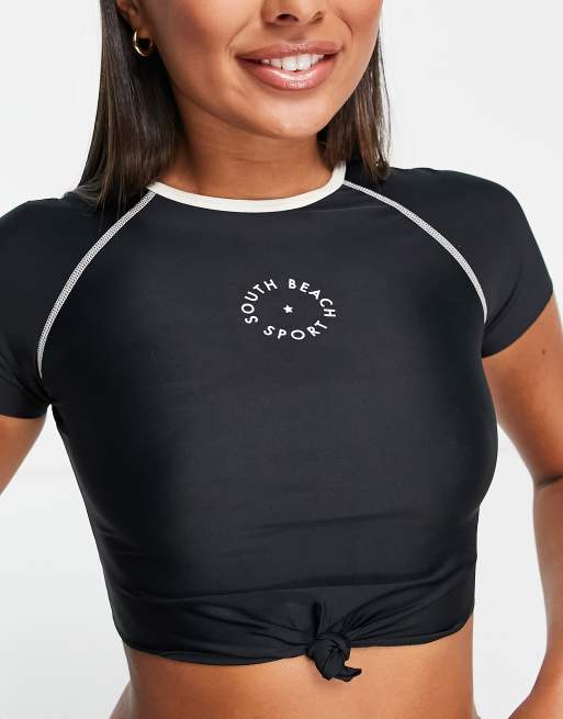 Short-Sleeve Cropped Tie-Front Rashguard Swim Top