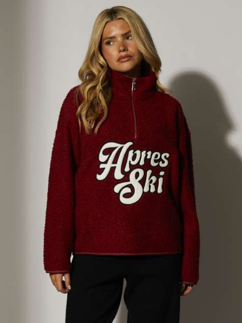 South Beach ski half zip fleece borg jacket in burgundy 
