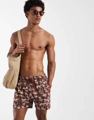 Badeshorts in Braun mit Palmenmuster-Brown Brown 2XL