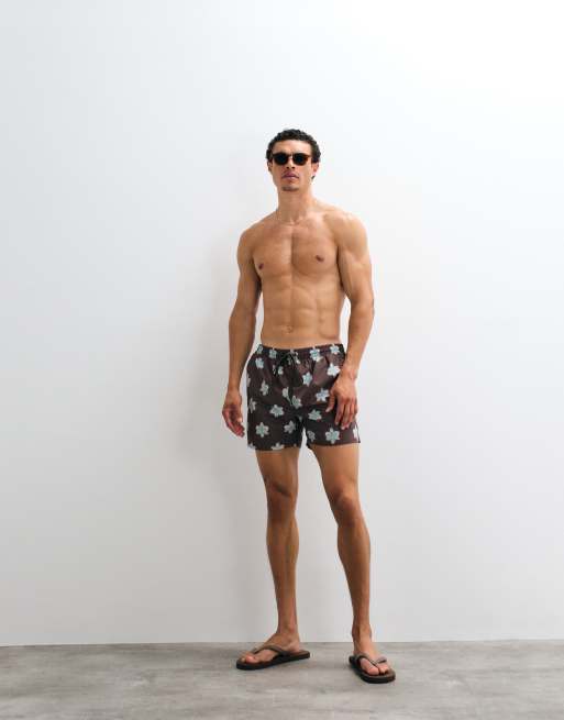 South Beach – Badeshorts in Dunkelbraun mit Blumenmotiv, 2 von 7