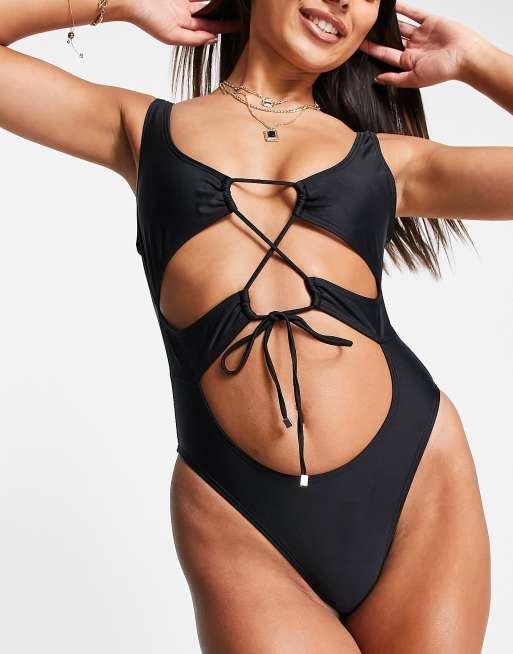 South Beach - Badpak met uitsnijding en strikbandje in zwart 