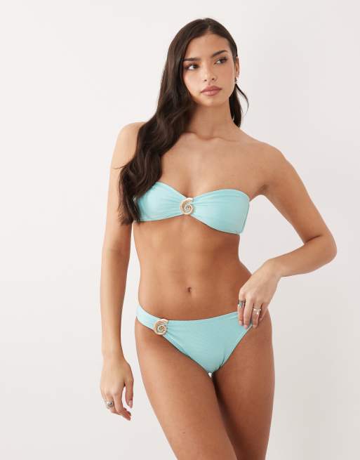 South Beach bandeau bikini top with shell hardware in teal, 2 of 4