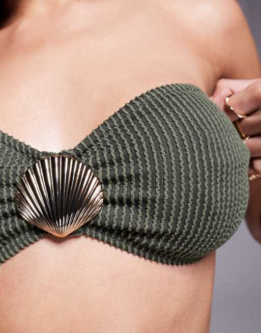South Beach bandeau crinkle stripe bikini top in olive, 3 of 4