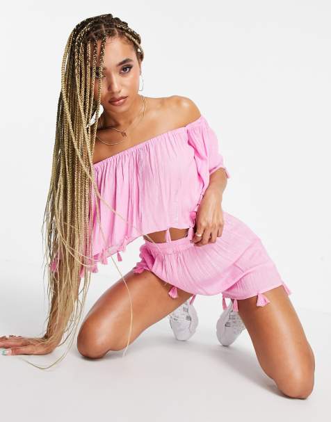 South Beach bandeau crinkle with glitter stripe tassel top and shorts set