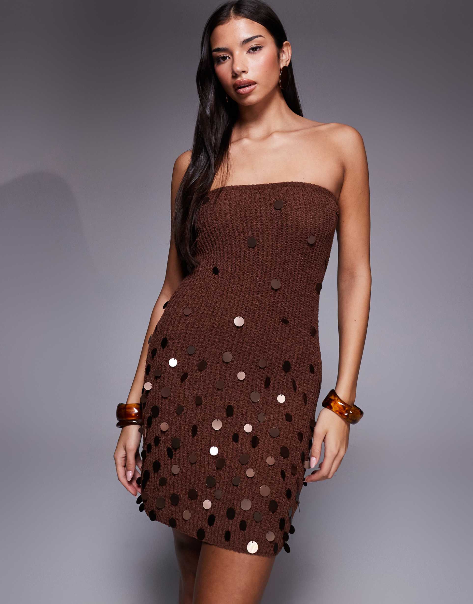 south beach bandeau knit mini beach dress with sequin detail in brown