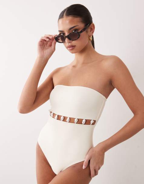 South Beach bandeau swimsuit with beaded detail in white - view 1