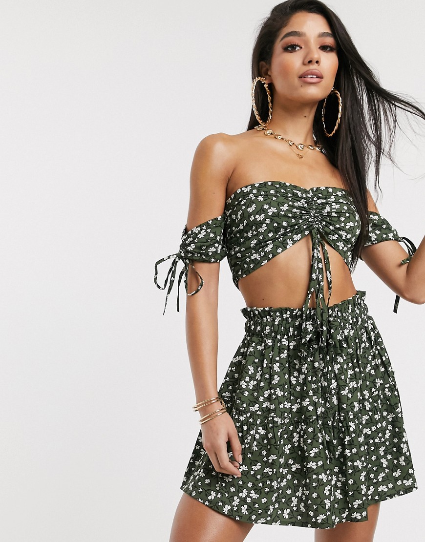 South Beach Bardot Crop and Shirred Mini Skirt Set-Green