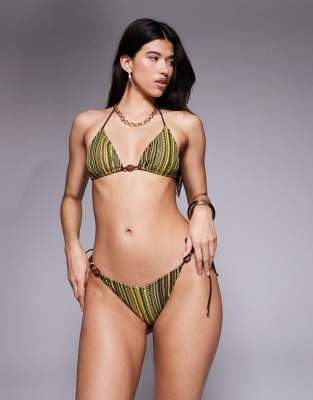 South Beach - Bas de bikini crocheté à rayures avec liens noués - Vert